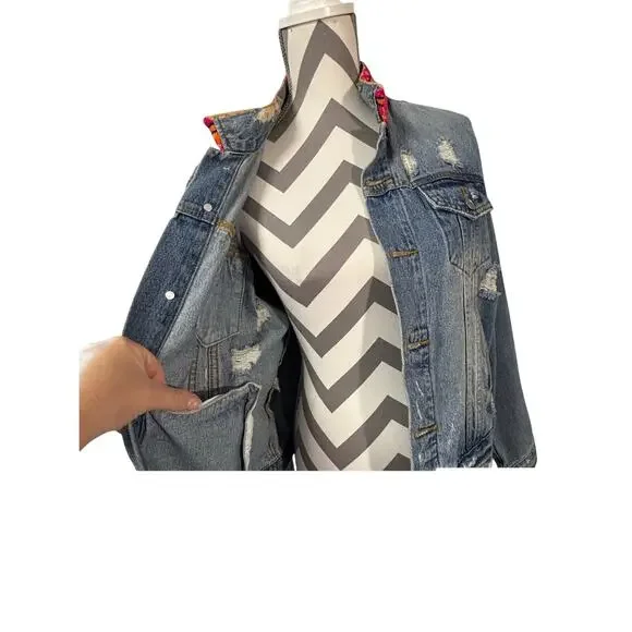 Mary Marshmallow Jean Jacket Large First Rule No Rules Sequin Patch Distressed - Picture 5 of 8